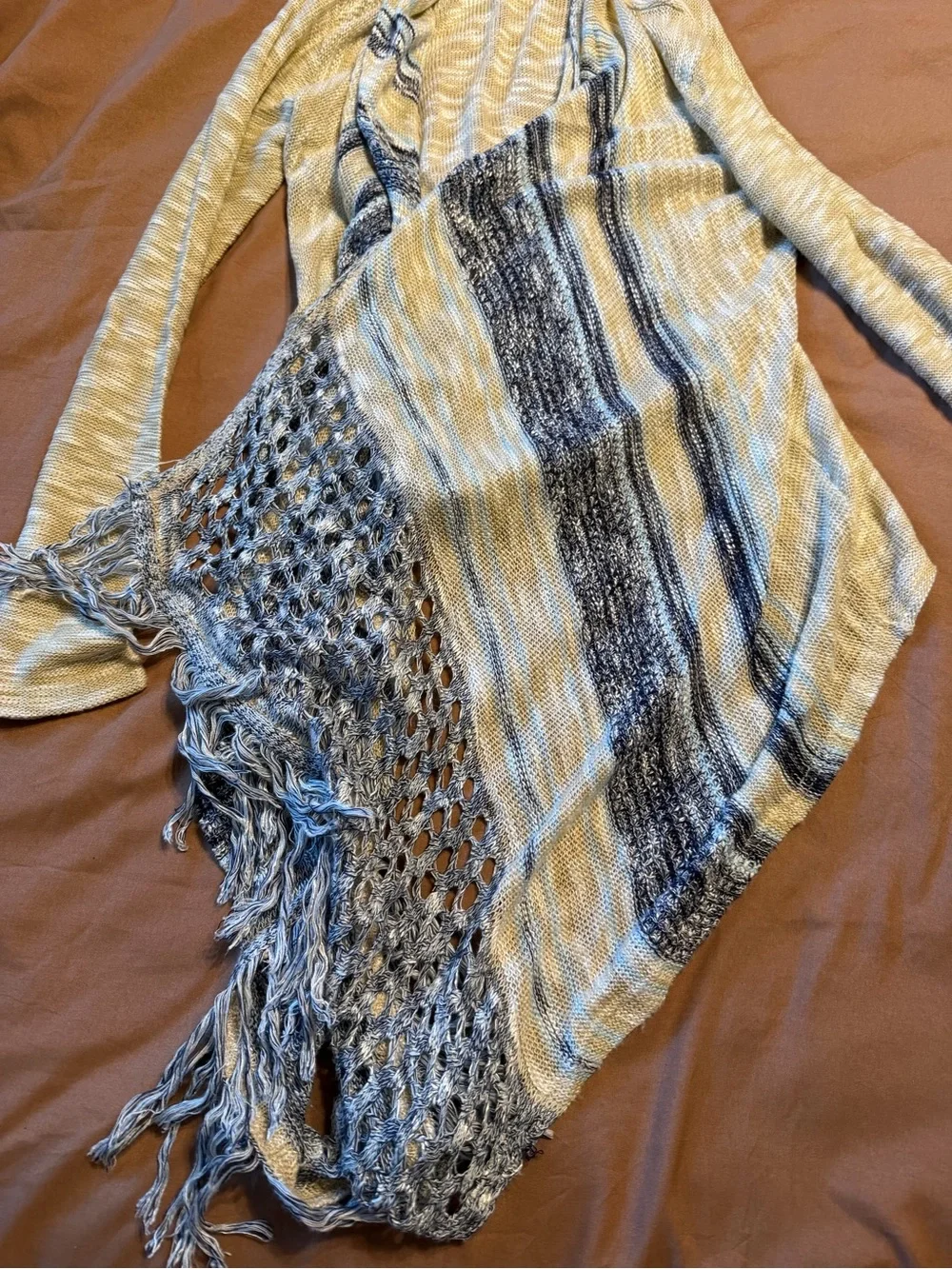 Say What? Cream and Navy Fringe Open-Front Cardigan - Picture 2 of 3